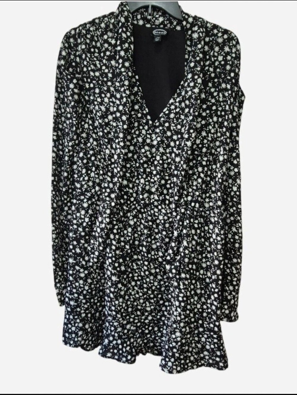 Scoop Black & White Ditsy Floral Tie-Neck Long Sleeve Mini Dress Size L (12-14)